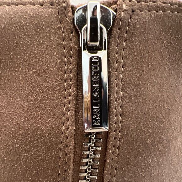 Karl Lagerfield Women Sz 6M Lenore Tan Suede Boot Lug Sole Metal Bead Heel - Picture 14 of 16